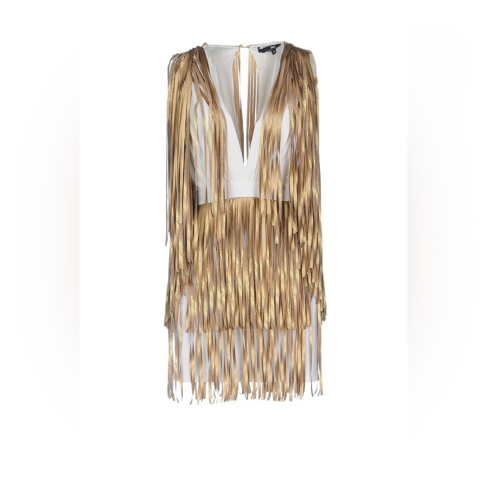 Elisabetta Franchi Gold and Tan Fringe Embellished Backless Dress